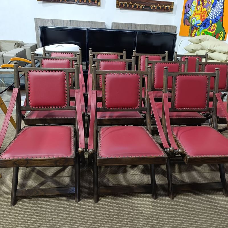 Seis Sillas Plegables de Madera Maciza con Asiento y Respaldo de Cuero Rojo