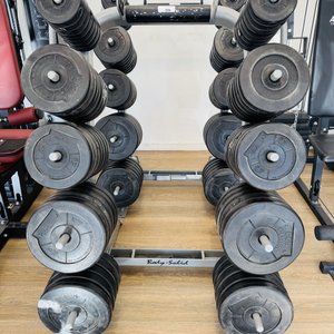 Lote siguiente: Soporte Body-Solid para discos de gimnasio con 20 discos de 5 kg, 28 de 2.5 kg y 16 de 1 kg