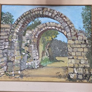 Óleo sobre lienzo: Arcos de piedra en paisaje rural, firmado - imagen 2