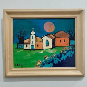 Pintura "Pueblito con Iglesia" de Liny Aneff, Acrílico sobre Fibra con Marco de Madera - imagen 2