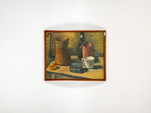Pintura óleo sobre fibra con tema de jarras y botella - imagen 1