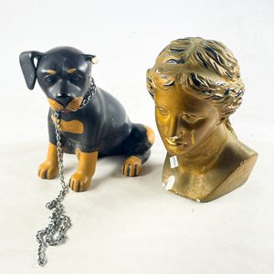 Figura de Perro con Cadena y Busto de Dama - 2 Piezas Decorativas - imagen 2