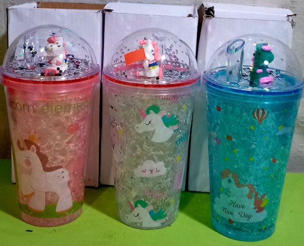 Set de 3 Vasos de Unicornio con Tapa y Decoración Interior