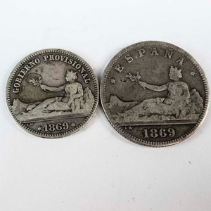Lote anterior: Dos Monedas de Plata de España: 1 y 2 Pesetas de 1869
