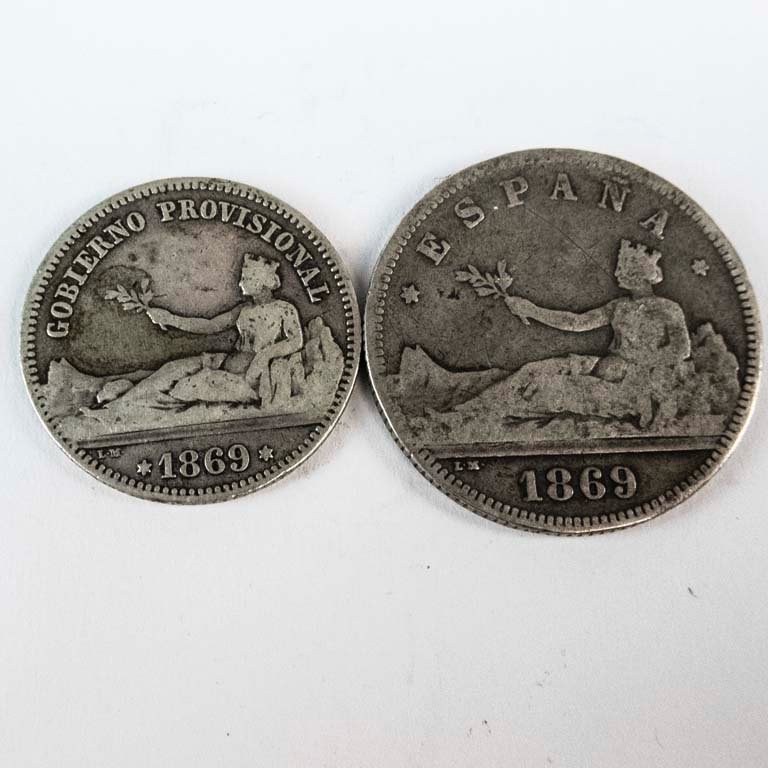 Dos Monedas de Plata de España: 1 y 2 Pesetas de 1869