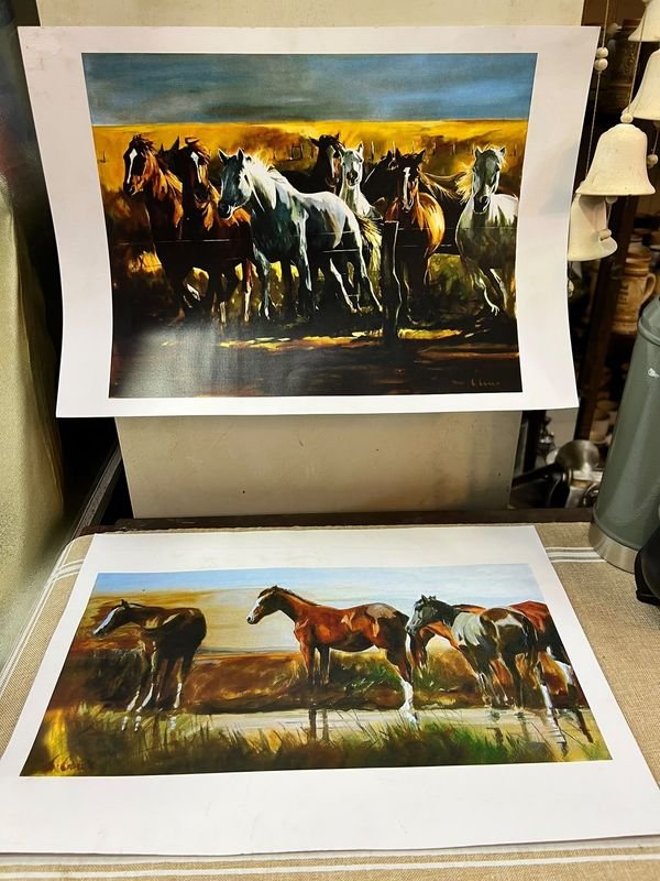Par de Láminas Criollas con Caballos y Escena Ecuestre