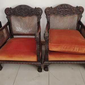 Par de Poltronas Antiguas de Madera Tallada con Esterilla y Tapizado Naranja - imagen 3