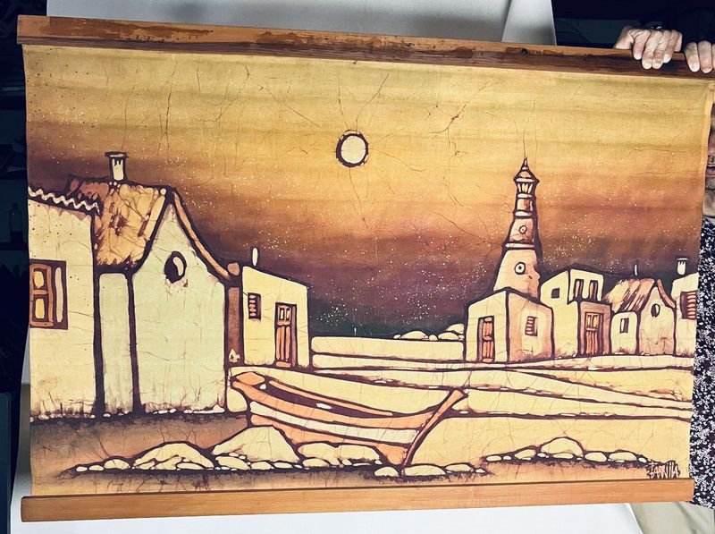 Pintura de pueblo nocturno con luna firmada - imagen 2