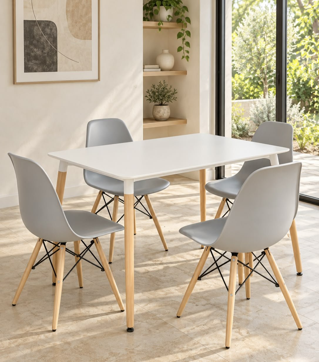 Juego de Comedor Eames Rectangular Laqueado con 4 Sillas Grises