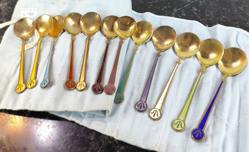 12 majestuosas cucharas de mermelada en plata noruega esmaltados - imagen 7