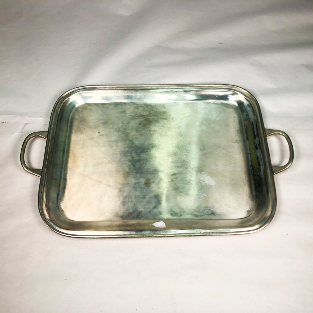 Bandeja de Servicio Rectangular Metálica Plateada con Asas Clásicas