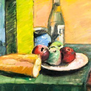 Cuadro al óleo: Bodegón de frutas, botella y pan - imagen 3