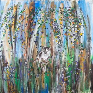 Pintura "Viani 17" Acrílico sobre Fibra: Escena Natural con Gato y Marco Plateado - imagen 4