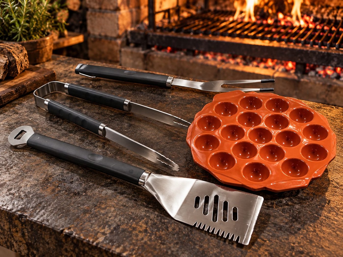 Set Parrillero de Acero Inoxidable (3 Piezas) y Provolonera de Cerámica (18 Cavidades)