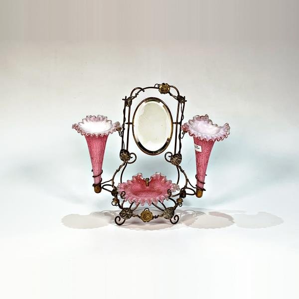 Tocador de Mesa Vintage con Espejo Abatible y Floreros Rosados