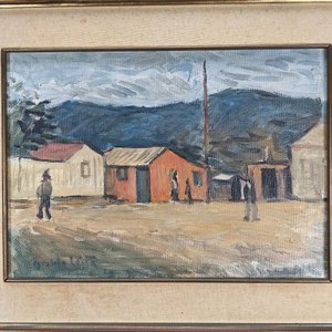 Óleo sobre lienzo "Poblado" de Osvaldo Leite, firmado, con marco dorado - imagen 3