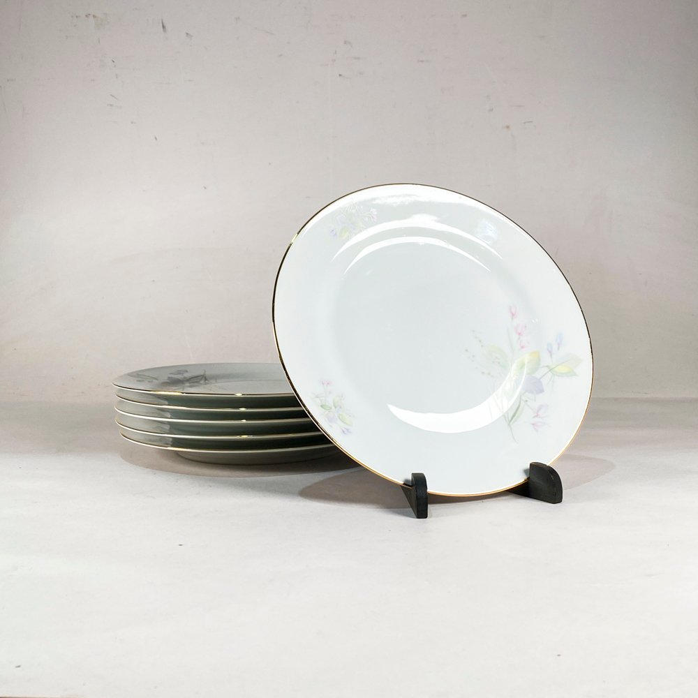 Seis Platos Llanos "Bavaria" Porcelana Decorado Floral Guarda Dorada 26cm