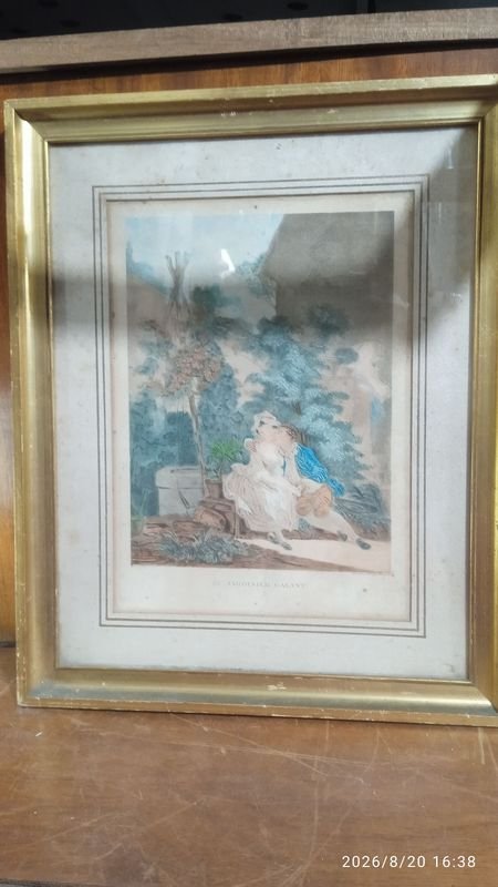 grabado antiguo de estilo rococó francés titulado "Le Jardinier Galant" (El jardinero galante), creado originalmente en 1778 por el grabador Isidore-Stanislas Helman 30*34
