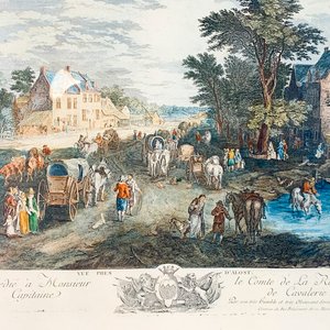 Cuadro Grabado a Color: Campesinos, Caseríos y Carretas - imagen 2