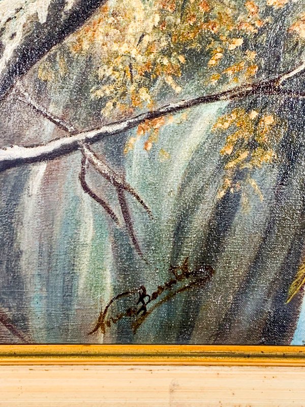 Pintura óleo sobre tela de aves en árbol - imagen 2