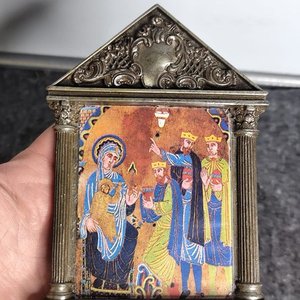 Antigua Cuchara de Almacén y Cuadrito Religioso en Bronce y Metal - imagen 3