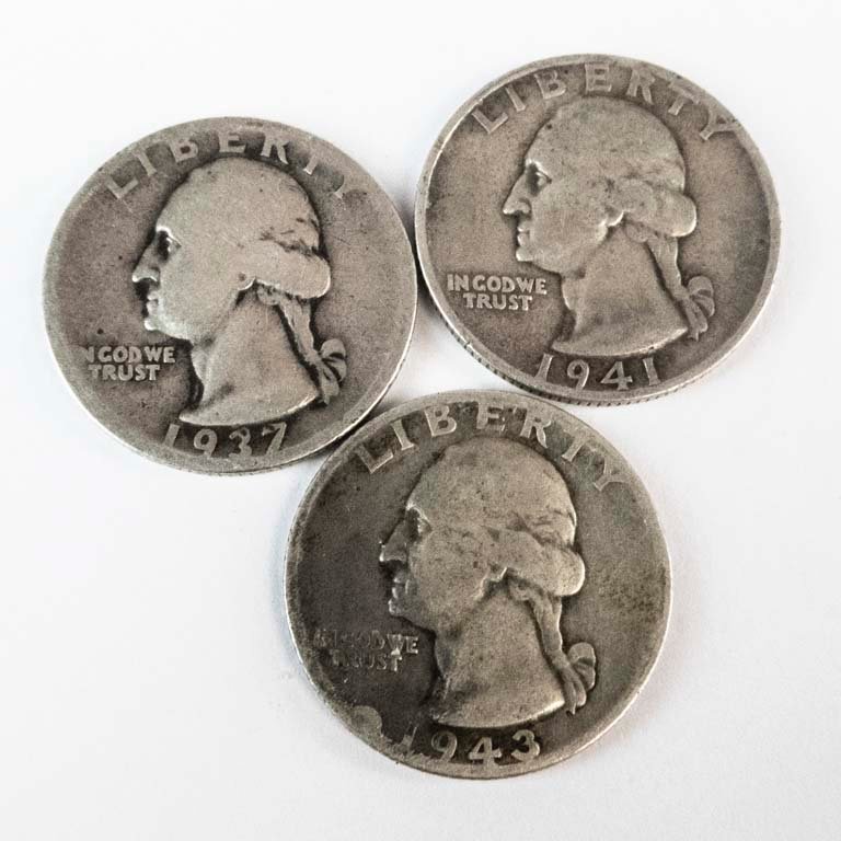 3 Monedas de 1/4 de Dólar de EE.UU. (1937, 1941, 1942)