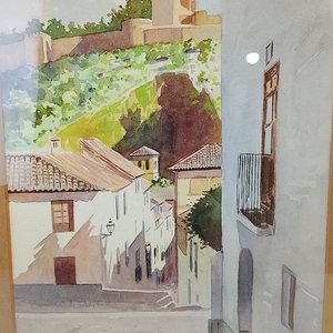 Acuarela "Paisaje Urbano Alhambra" Firmada V. Vidal con Marco Dorado y Paspartú - imagen 3
