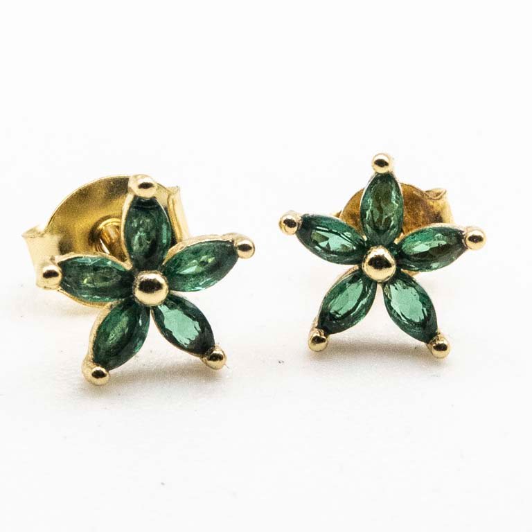 Tornillos de Plata con Baño de Oro y Piedras Verdes Flores