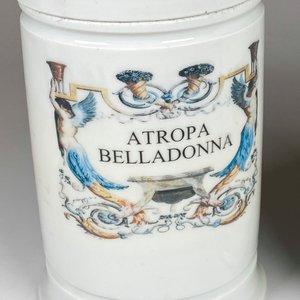 Par de frascos de farmacia en porcelana, superficie blanca, decorados en variado colorido con inscripciones. Alto 20 cm. - imagen 4