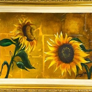 Cuadro al Óleo sobre Tela: Girasoles con Firma Ilegible (47 x 70 cm) - imagen 2