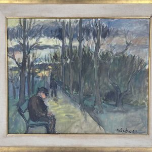 Óleo "Paisaje con figura sentada" del artista Hugo Sartore, firmado 1962 - imagen 3