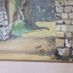 Óleo sobre lienzo: Arcos de piedra en paisaje rural, firmado - imagen 4