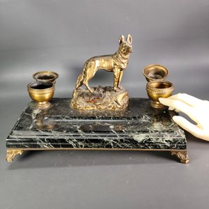 Tintero de Escritorio en Mármol y Bronce con Figura de Perro Firmada A. Marionnet - imagen 6