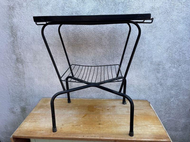 Mesita Auxiliar con Tapa de Madera Maciza y Estante Metálico