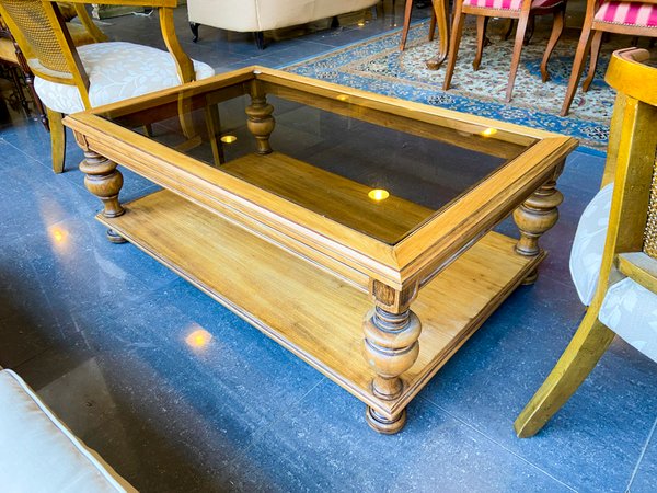 Mesa de Centro de Madera con Tapa de Vidrio y Estante Inferior - imagen 1