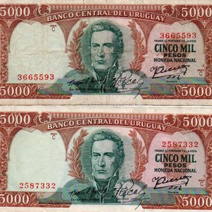 Lote siguiente: Billetes Uruguayos de 5000 Pesos Serie C (2 unidades)