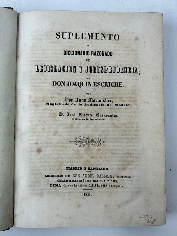 Suplemento del diccionario razonado de legislación y jurisprudencia de don Joaquín Escriche - Madrid 1854 - imagen 2