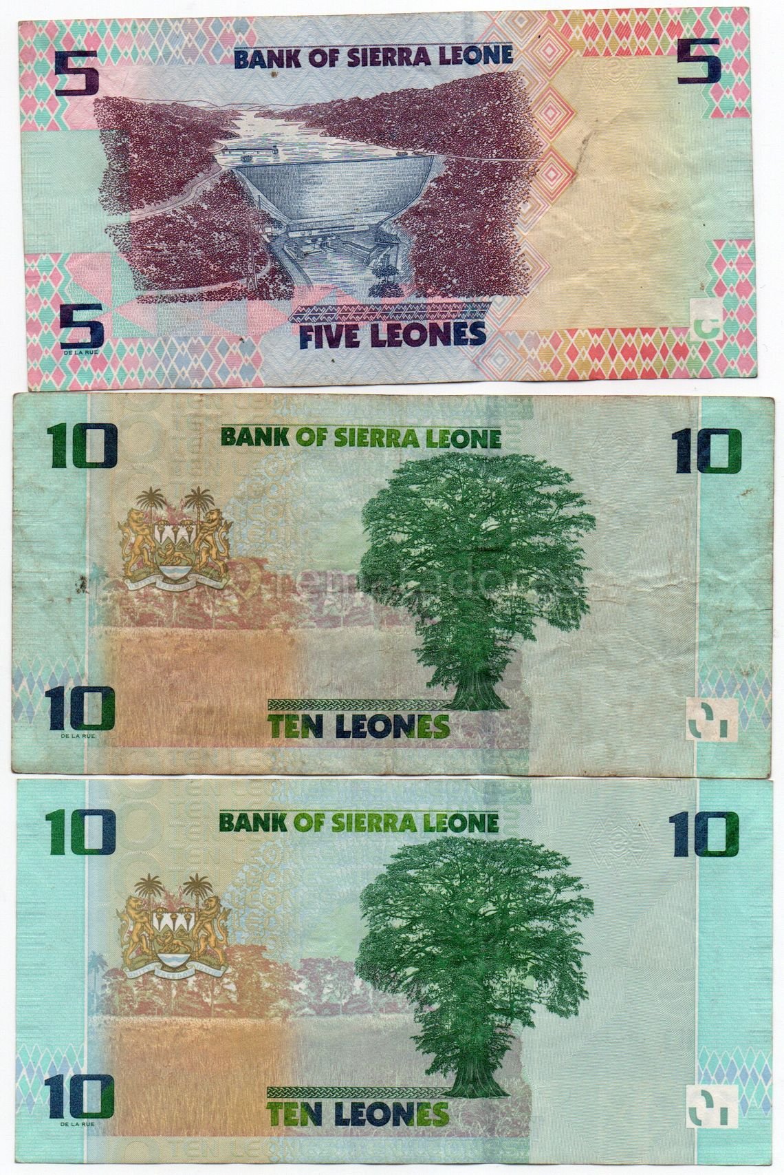 Billetes de 5 y 10 Leones de Sierra Leona