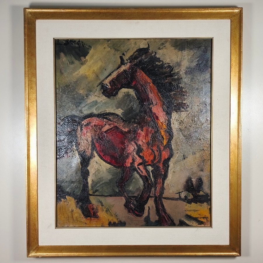 Óleo sobre lienzo "Escena Ecuestre" de Alfredo Blengio, firmado