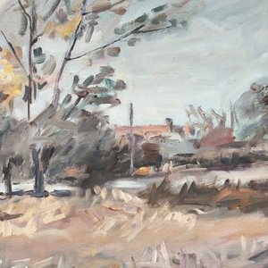 Óleo sobre lienzo "Escena Rural" de Dante Cola, con marco dorado - imagen 7
