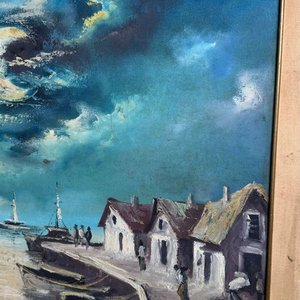 Pintura al óleo "Puerto de Noche" de Andrea Carusso Figari, 70x53cm - imagen 2