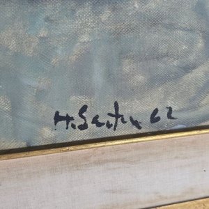 Óleo "Paisaje con figura sentada" del artista Hugo Sartore, firmado 1962 - imagen 4