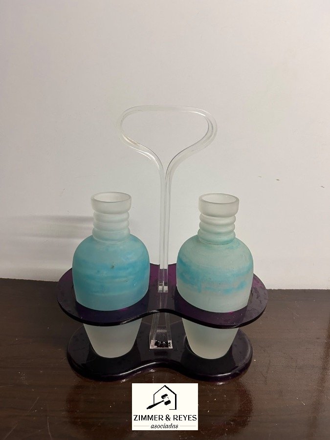 Par de Floreros de Vidrio Azul y Transparente con Soporte