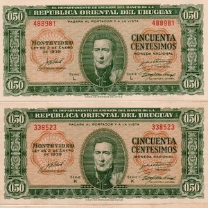 Lote siguiente: Lote de 4 Billetes Uruguayos de 50 Centésimos - Año 1939