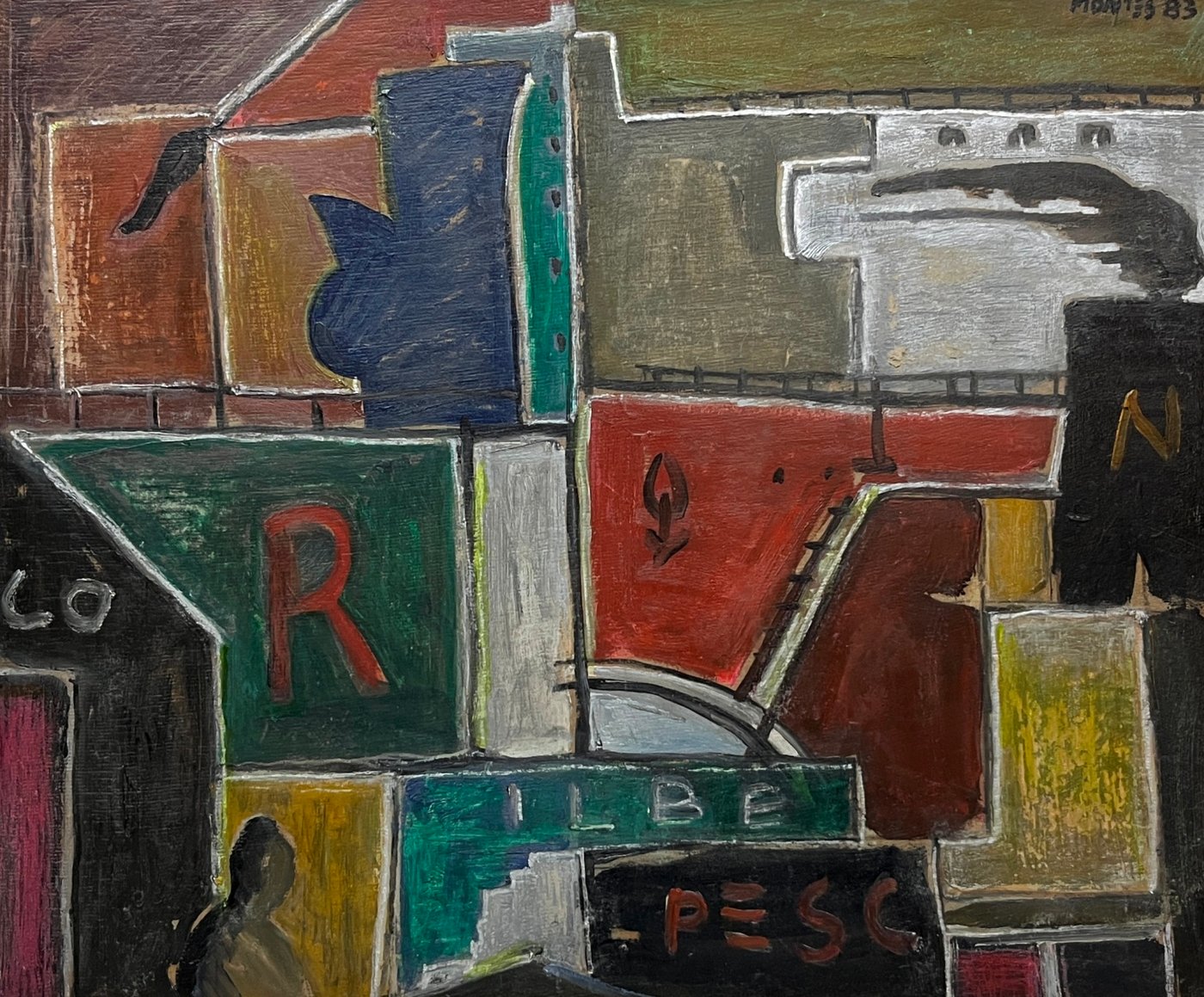 Oleo "Puerto" de José Montes, Firmado y Fechado 1983