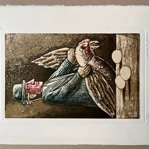 Grabado "La Gallina de los Huevos de Oro" de Luis Alberto Solari - Edición 155/200 - imagen 2