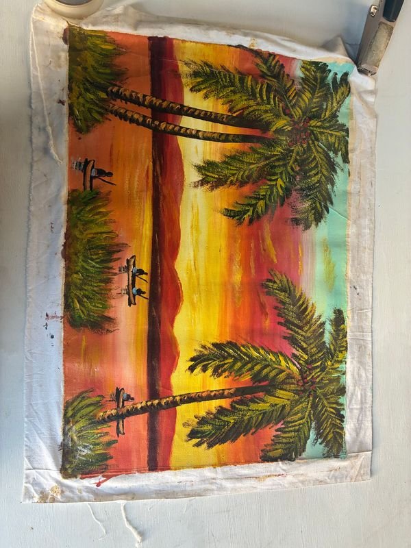 LIENZO TRAÍDO DE ÁFRICA: Pintura Colorida de Palma, Agua y Cielo