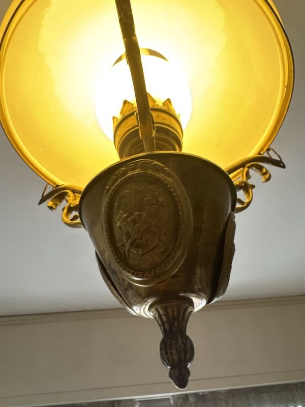 Colgante de bronce con tulipa y fanal en opalina - imagen 4