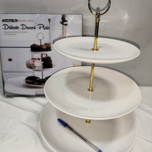 Bandeja Exhibidora de Postres de Loza Blanca con Soporte Dorado, 3 Niveles, Nueva en Caja - imagen 5
