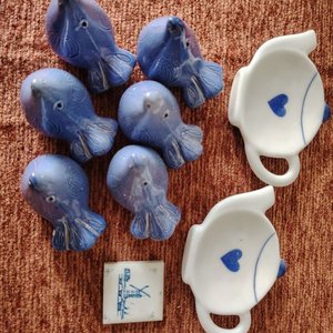Lote de 2 Platitos para Té y 5 Adornos de Pájaros Azules - imagen 3